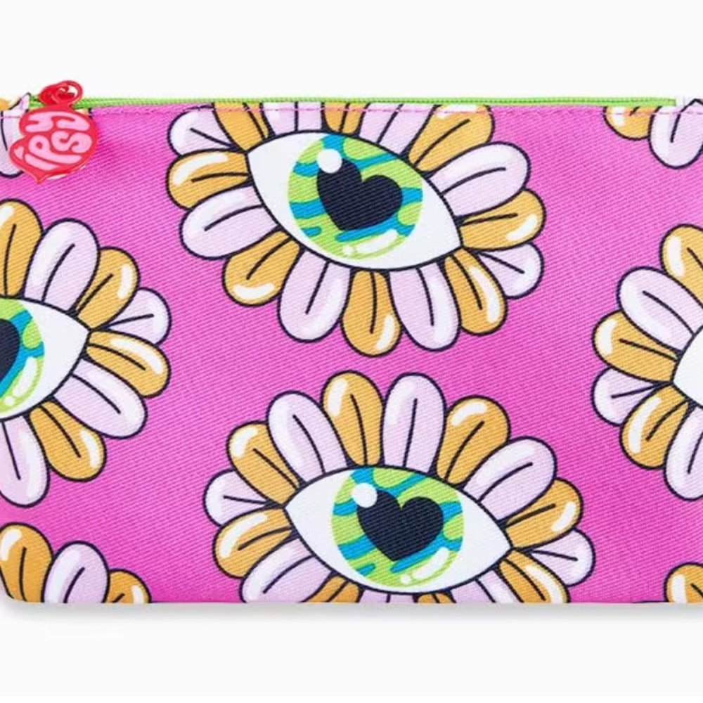 Ipsy Pink and Green Cosmetic Bag with Whimsical Floral Design